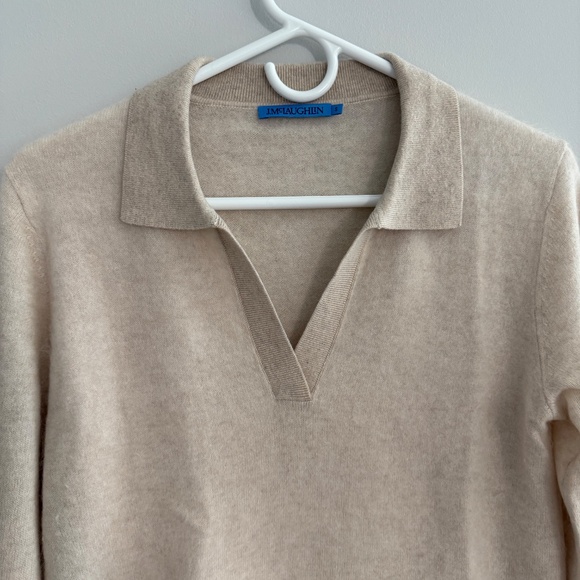 J MCLAUGHLIN ALYCE CASHMERE SWEATER V NECK POLO COLLAR RIBBED CUFFS NEUTRAL S - Picture 3 of 12